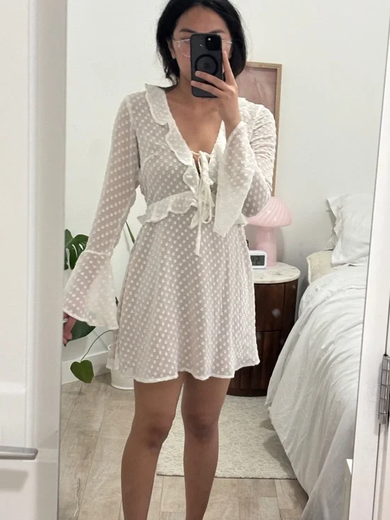 WYLDR White Dot Ruffle Tie-Front Mini Backless Dress - Picture 2 of 5